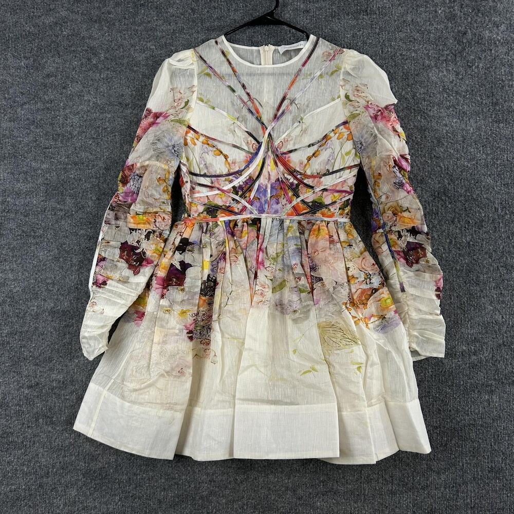 Zimmermann Dress 2 Prima Paneled Floral Silk Linen Organza Mini Romantic Luxury - Picture 8 of 16